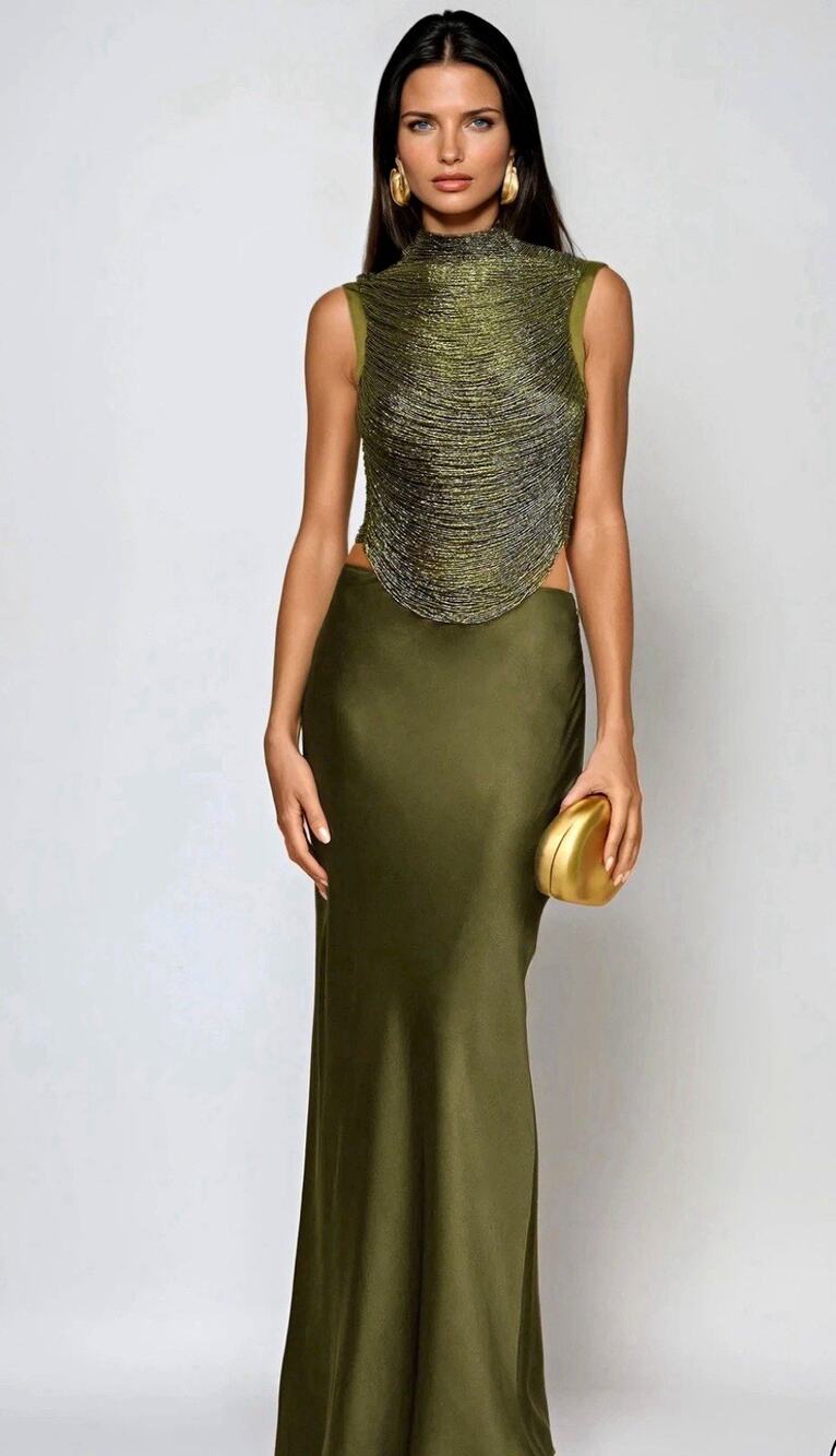 Innovare Denim Women's M Green Sleeveless High Neck Textured Backless Maxi Dress